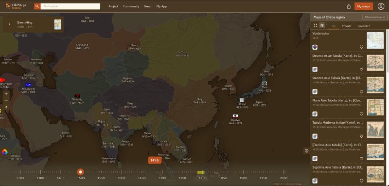 #historyBrowse historical places and search for old maps with timeline.很有意思的网站，可以滑动时间轴来探索不同时间各个国家/地区的政权、领导人、重要战役等