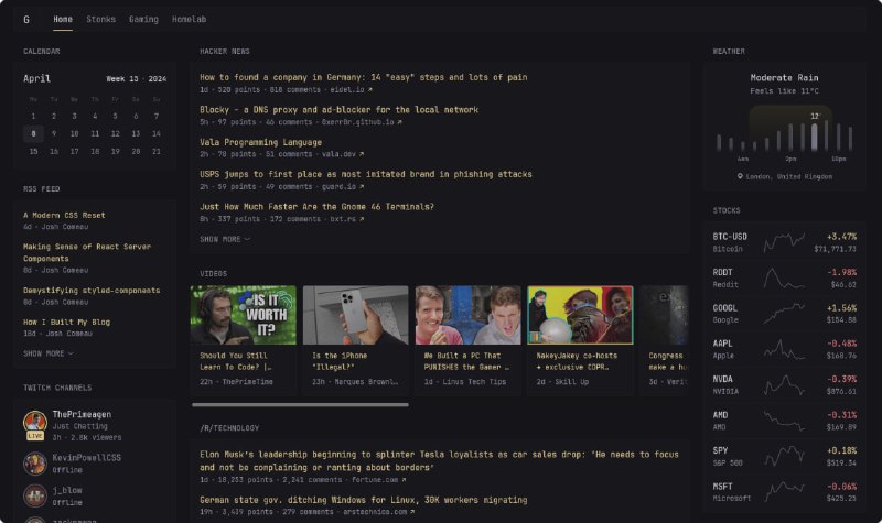 #utilities #github一款自建的Web端仪表盘，支持RSS、天气、书签、时钟、日历、股票、GitHub、Hacker News、Reddit、YouTube等🔗：
