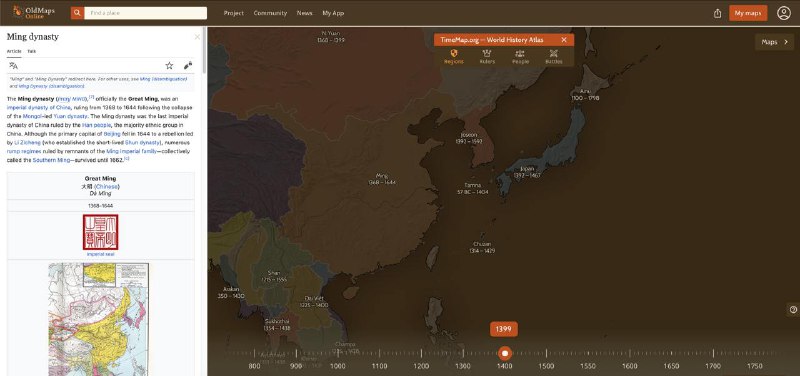 #historyBrowse historical places and search for old maps with timeline.很有意思的网站，可以滑动时间轴来探索不同时间各个国家/地区的政权、领导人、重要战役等